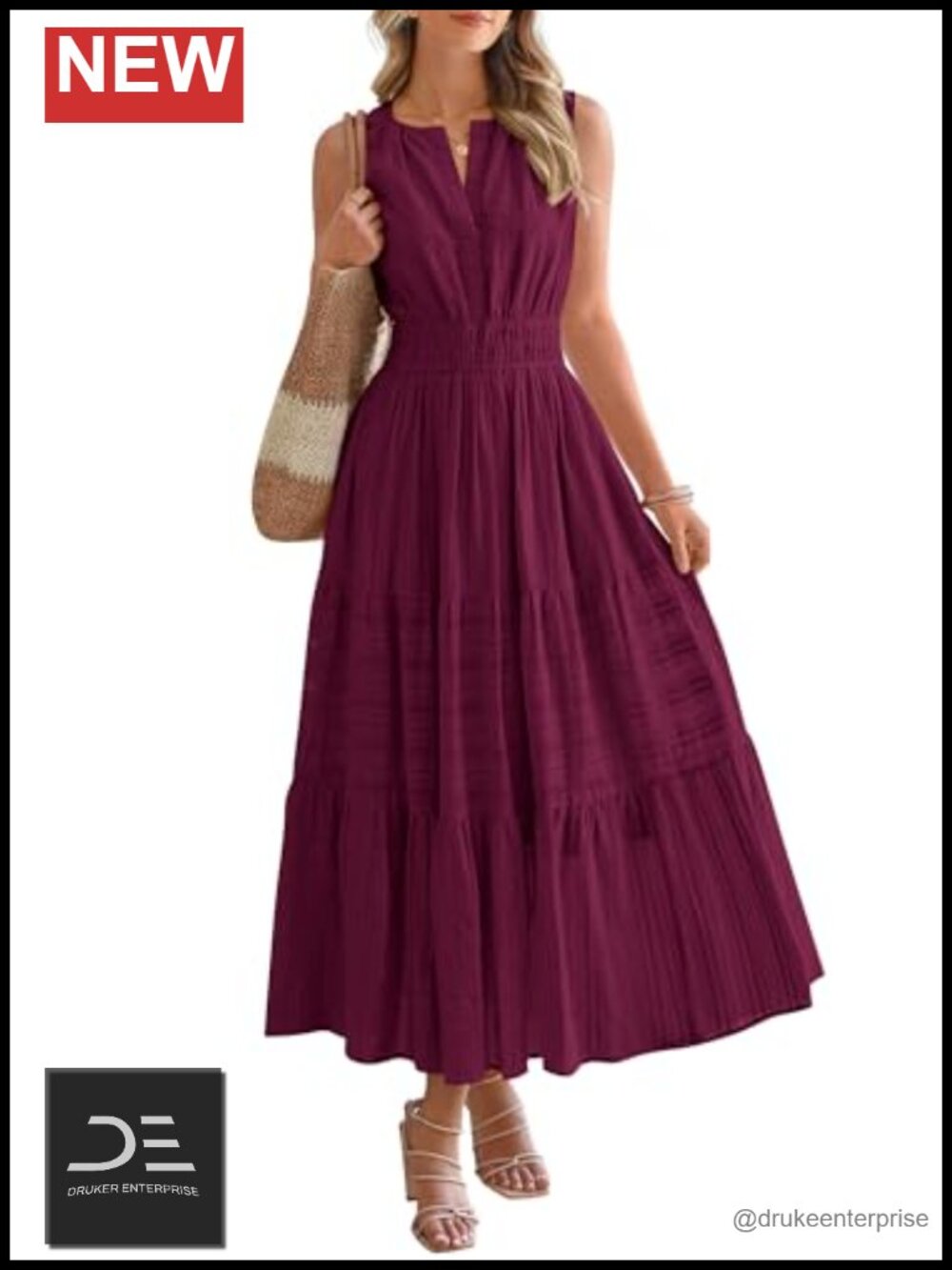 Sleeveless V-Neck A-Line Maxi Dress with Pockets Flowy Tiered